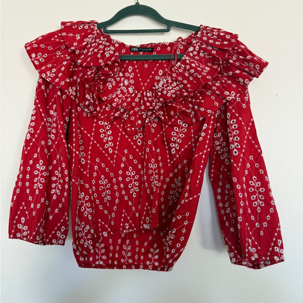 Zara Red Floral Ruffle Embroidered Blouse